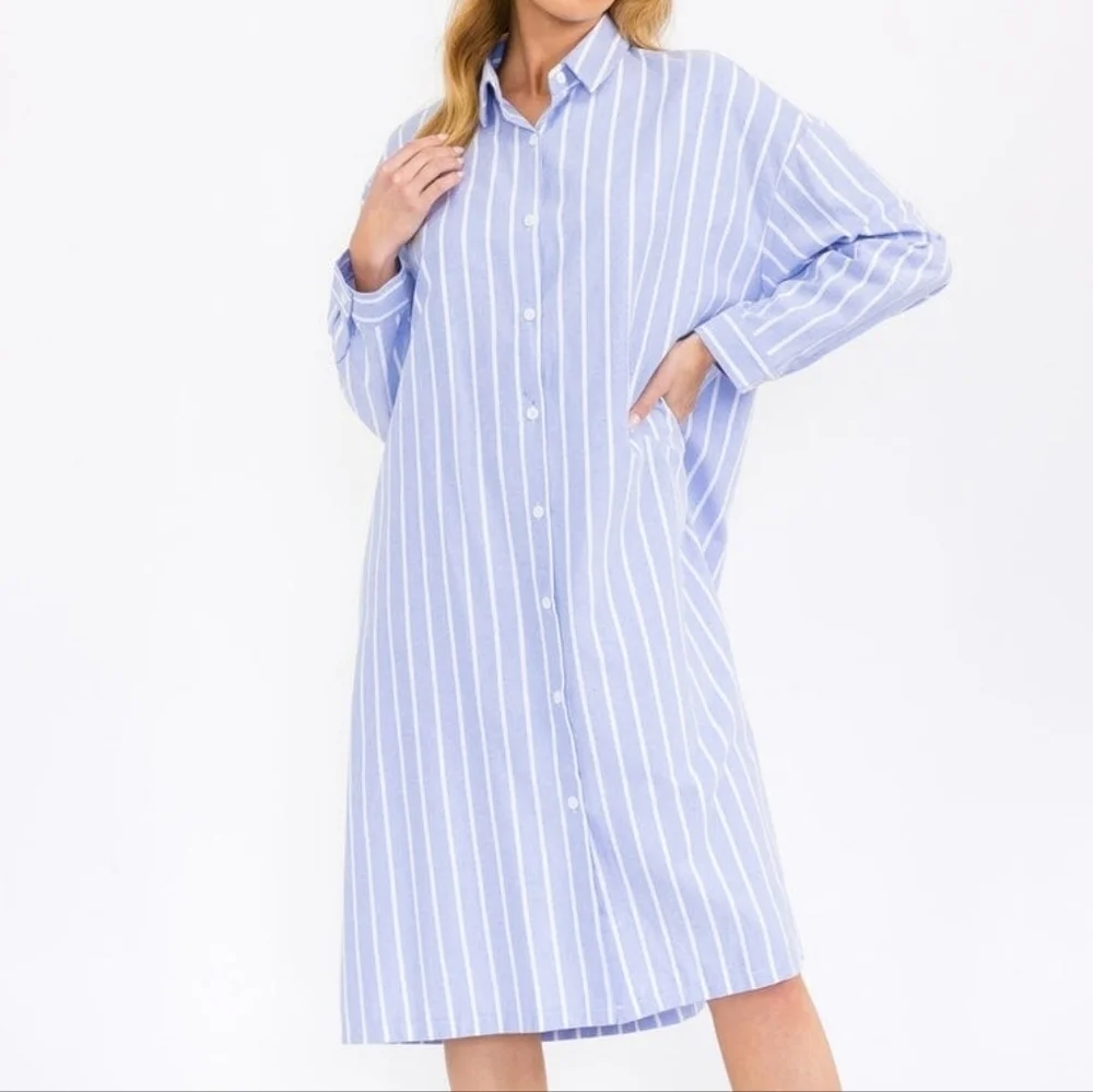 Million‎ Colors Blue Striped Midi Shirt Dress Long Sleeve Linen Cotton